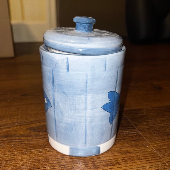 Hand Painted Ceramic Mosiac Nautical Blue Fish Jar W/ Lid - Picture 4 of 12